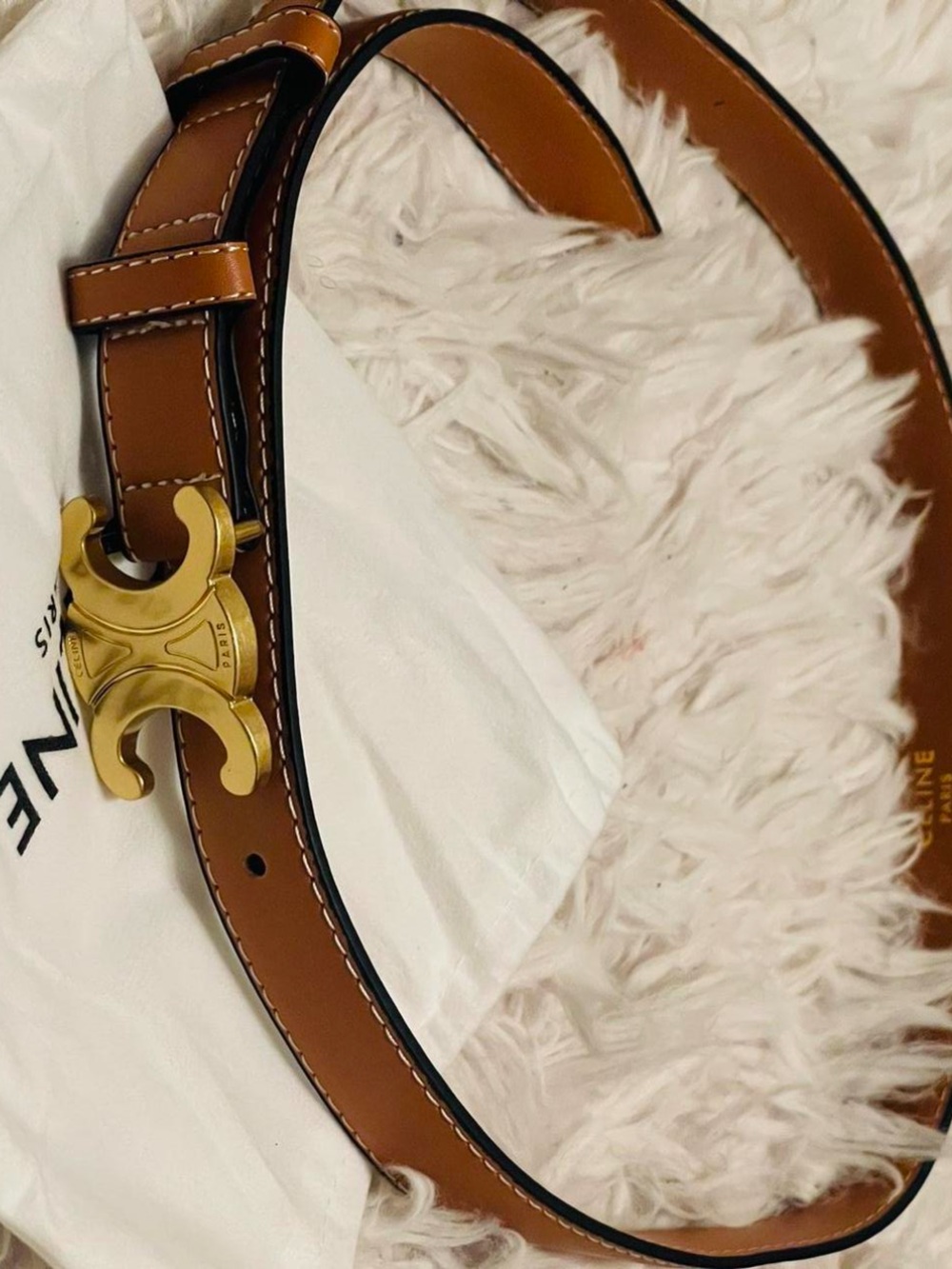Celine Tan Leather Belt with Gold Triomphe Buckle